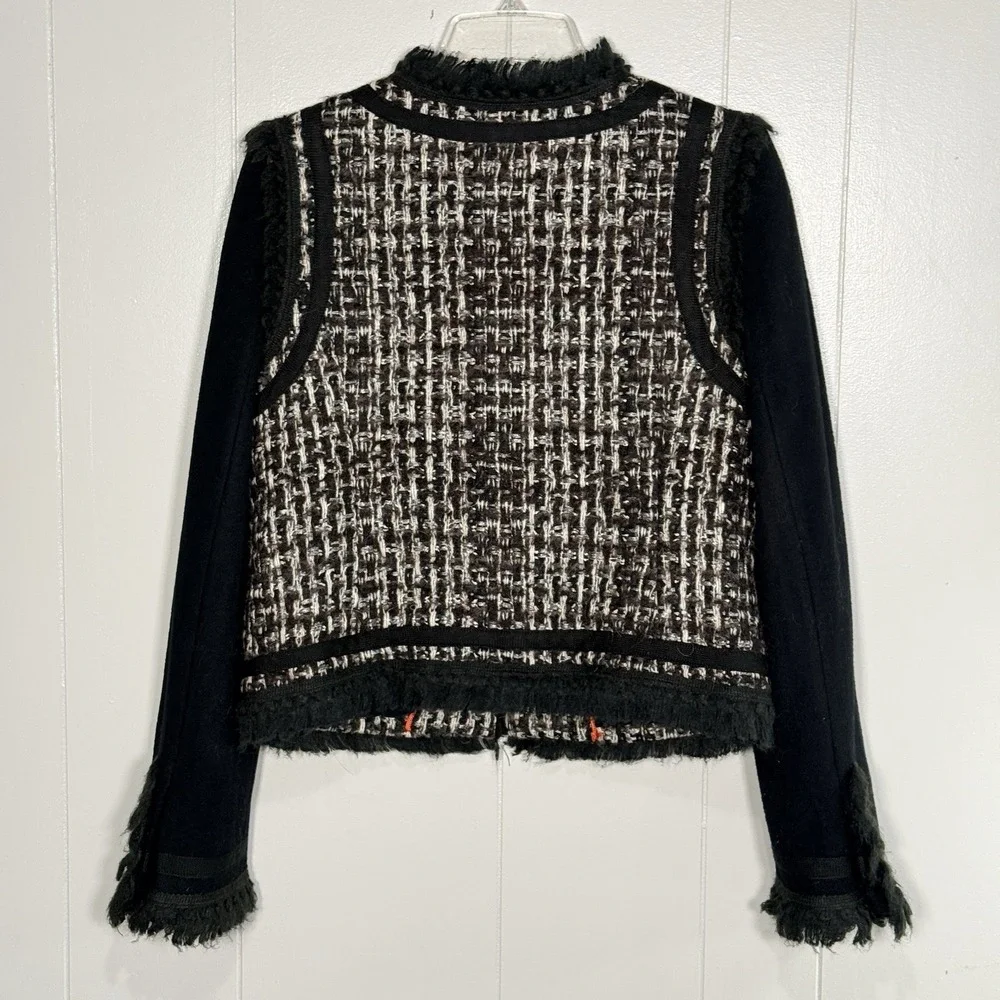Tory Burch Tweed Fringe Jacket Size 8 Cropped Black Lined Boucle Wool‎ Blend